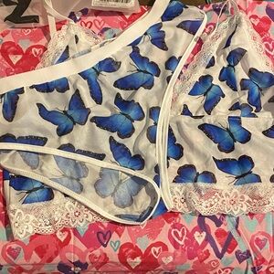 Sheer White Blue Butterfly Lace Trim Lingerie Set size 3XL